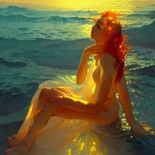 Image similar to sea of glossy liquid honey drops flowing like translucent amber, backlit, sunset, refracted lighting, art by collier, albert aublet, krenz cushart, artem demura, alphonse mucha