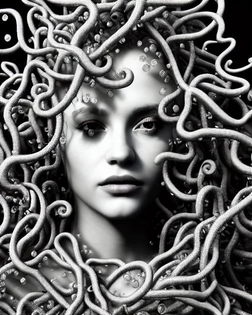 Image similar to surreal mythical dreamy artistic black and white fine art photo of a beautiful young female queen - medusa - cyborg covered with metal fish scales and translucent algae, highly detailed, intricate crystal ivy jelly fish scales ornate, poetic, octane render, 8 k, photo - realistic