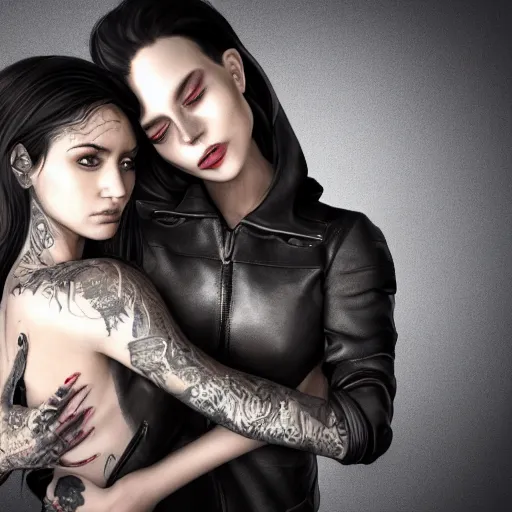 Prompt: Hot young woman, grey skinned, void and black eyeballs, tattoos, wearing a leather jacket, hugging a shrouded man as they cry on her chest, comforting, touching, wholesome, digital art, concept art, unreal engine 5, watercolour, big sister, little brother, 4k, 8k