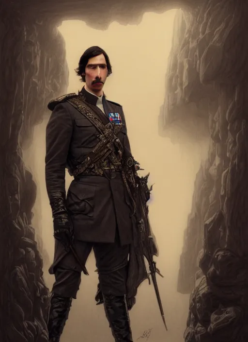Image similar to a portrait of john oliver standing next to adam driver, stoic, military uniform, fantasy, intricate, beautiful, highly detailed, charcoal, centered, dark, smokey, digital painting, artstation, concept art, smooth, sharp focus, illustration, art by artgerm and greg rutkowski and alphonse mucha