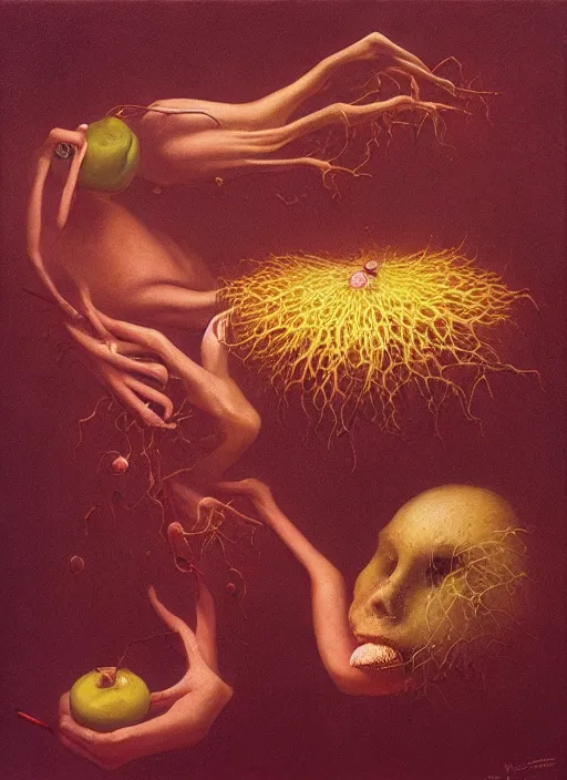 Image similar to She Eats of the Strangling Fruit and Her spiderlike gossamer glistening polyp blossoms bring iridescent fungal flowers whose spores black the foolish glaring stars Edward Hopper and James Gilleard, Zdzislaw Beksinski, Mark Ryden, Wolfgang Lettl highly detailed