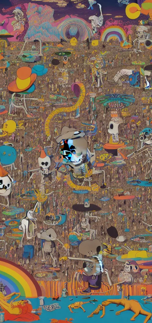 Image similar to epic mural of grizzly bear skeletons dancing, rainbow tubing, hieronymus bosch, victor moscoso, owsley, r crumb, clean outlines, shusei nagaoka, kaws, james jean, octane render