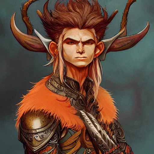 Image similar to portrait painting of an elven eladrin young man with very short light orange hair and tribal tattoos in his cheekbones wearing fur armor, d & d, rpg, sharp focus, award - winning, trending on artstation, masterpiece, highly detailed, intricate. art by josan gonzales and moebius and deathburger