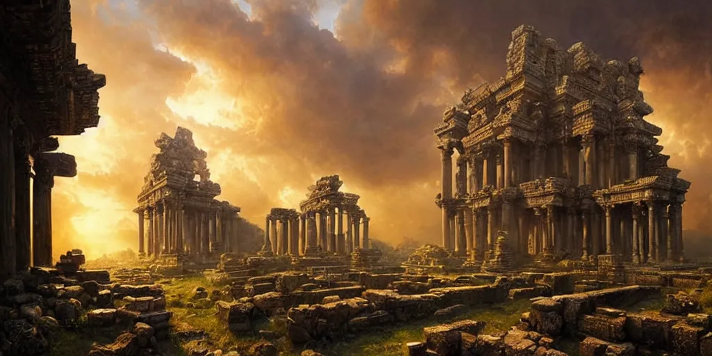 Image similar to beautiful hyperrealistic spectacular painting of the mysterious intricate ruins of the mysterious ancient temple, an advanced technology timemachine with a green - glowing - crystal from the future is inside the temple, by hubert robert and lee madwick and bastien lecouffe - deharme, dramatic sunset lighting, advanced technology