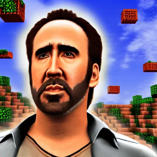 Image similar to Nicolas Cage in Minecraft, actual screenshot, 4k, hdr, RTX on, ultra settings,