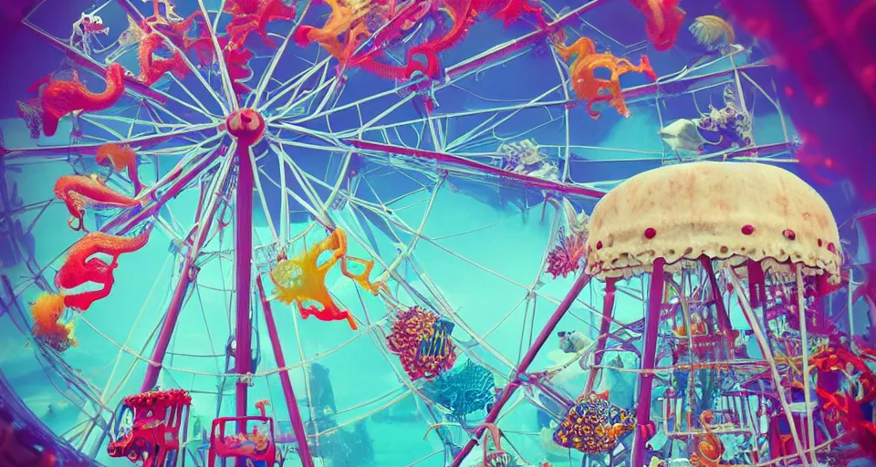 Image similar to underwater carnival, ferris wheel made of jellyfish, seahorse carousel, fish rides, beautiful, artstation, highly detailed,