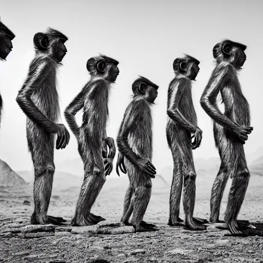 Image similar to Contamporary art fashion photography of ultra mega super hyper realistic detailed group of monkey's in suits, standing around very highly detailed stainless steel monolith situated in the desert. Photo shot on ultra mega super hyper Leica Camera