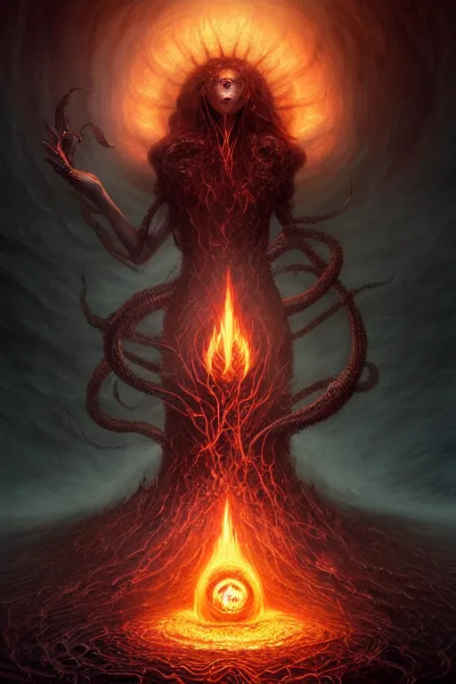 Image similar to Beautiful Eldritch Goddess of Nuclear Explosions, digital art, fantasy, magic, trending on artstation, illustration by Seb McKinnon and Peter Mohrbacher, ultra detailed, atmospheric, powerful presence, bossfight, darksouls, grand finale, explosive entrance, final battle, cutscene, cinematic lighting, unleashing the power of the flame, burning pulse, close-up