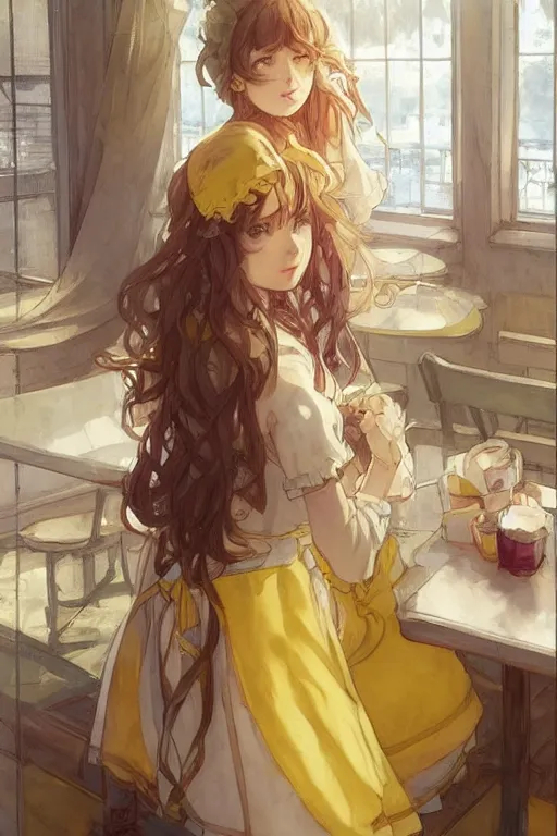 Prompt: A girl in a maid's outfit in a cafe a afternoon, wavy hair yellow theme,S line,45 angel by krenz cushart and mucha and akihito yoshida and greg rutkowski