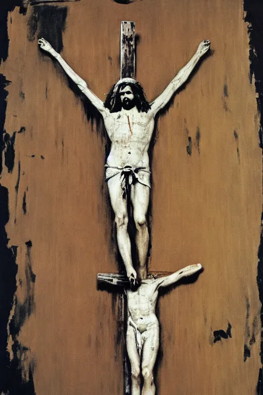 Image similar to jesus christ crucified painted by cy twombly and andy warhol