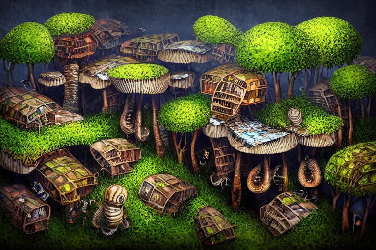 Image similar to favela fungus beehive, wooded environment, industrial factory, cheerful, award winning art, epic dreamlike fantasy landscape, ultra realistic,