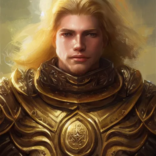 Prompt: Portrait of a young knight with medium-length blond hair wearing a golden armor with a sun symbol, fantasy, highly detailed, digital painting, artstation, concept art, illustration, art by Bayard Wu and Marc Simonetti