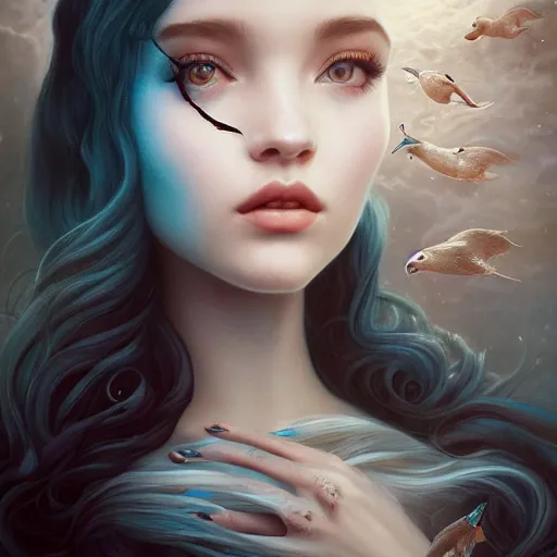 Prompt: tom bagshaw, ocean depths waves in lovecraftian world, beautiful asian mix of dove cameron madison beer bella poarch in a full dress, gothic makeup, professionally retouched, focus eyes, ultra realistic soft painting, insanely detailed linework, symmetrical accurate intricate features, behance, 8 k