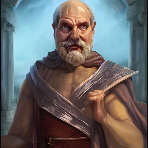 Image similar to silly arrogant ancient greek philosopher, dnd character, comedic portrait, matte fantasy painting, deviantart artstation, by jason felix by steve argyle by tyler jacobson