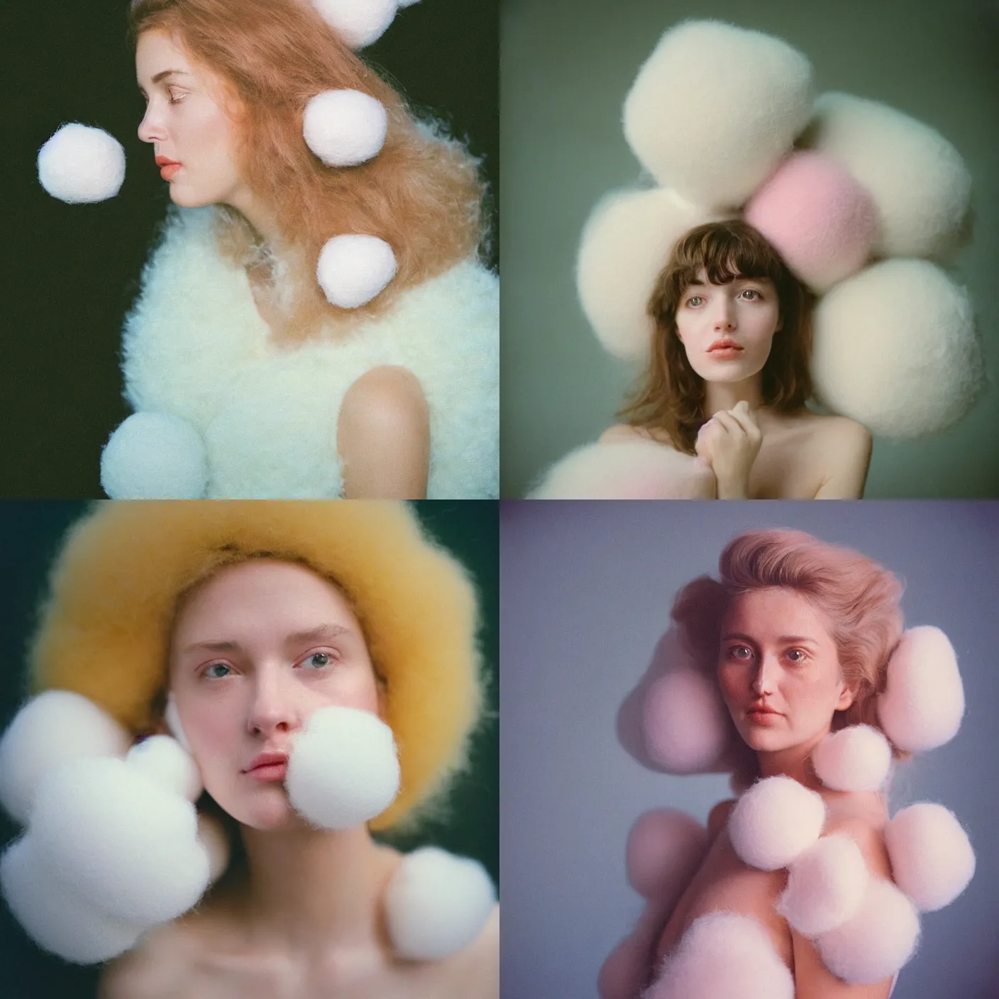 Prompt: An vintage analog head and shoulder frontal face portrait photography of a woman surrounded by thousand fluffy soft giant! oversized!! pastel colorful cotton balls by tim walker. Kodak Portra 800 film. shallow depth of field. (Depth of field). whirl bokeh!!. Golden hour. detailed. hq. realistic. warm light. muted colors. dark Mood. Filmic. Dreamy. lens flare. Mamiya 7ii, f/1.2, symmetrical balance, in-frame