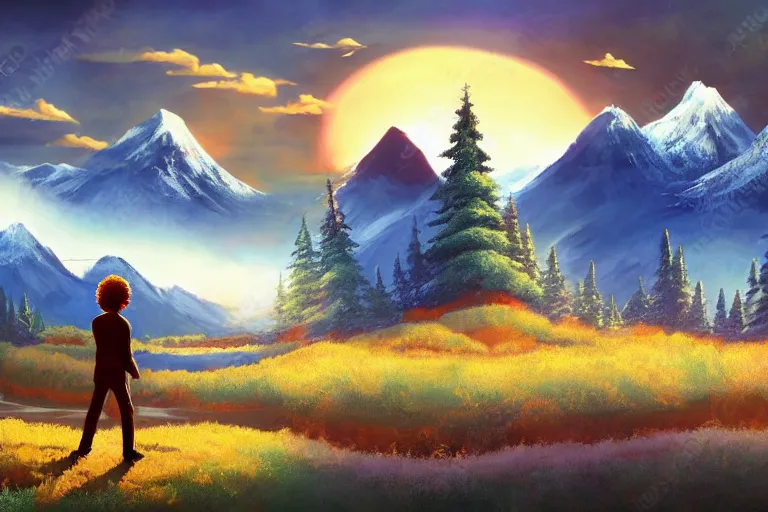 Image similar to bob ross with wings, beatiful place, mountains in background, dynamic lighting, cinematic lighting, clear sky, sun set