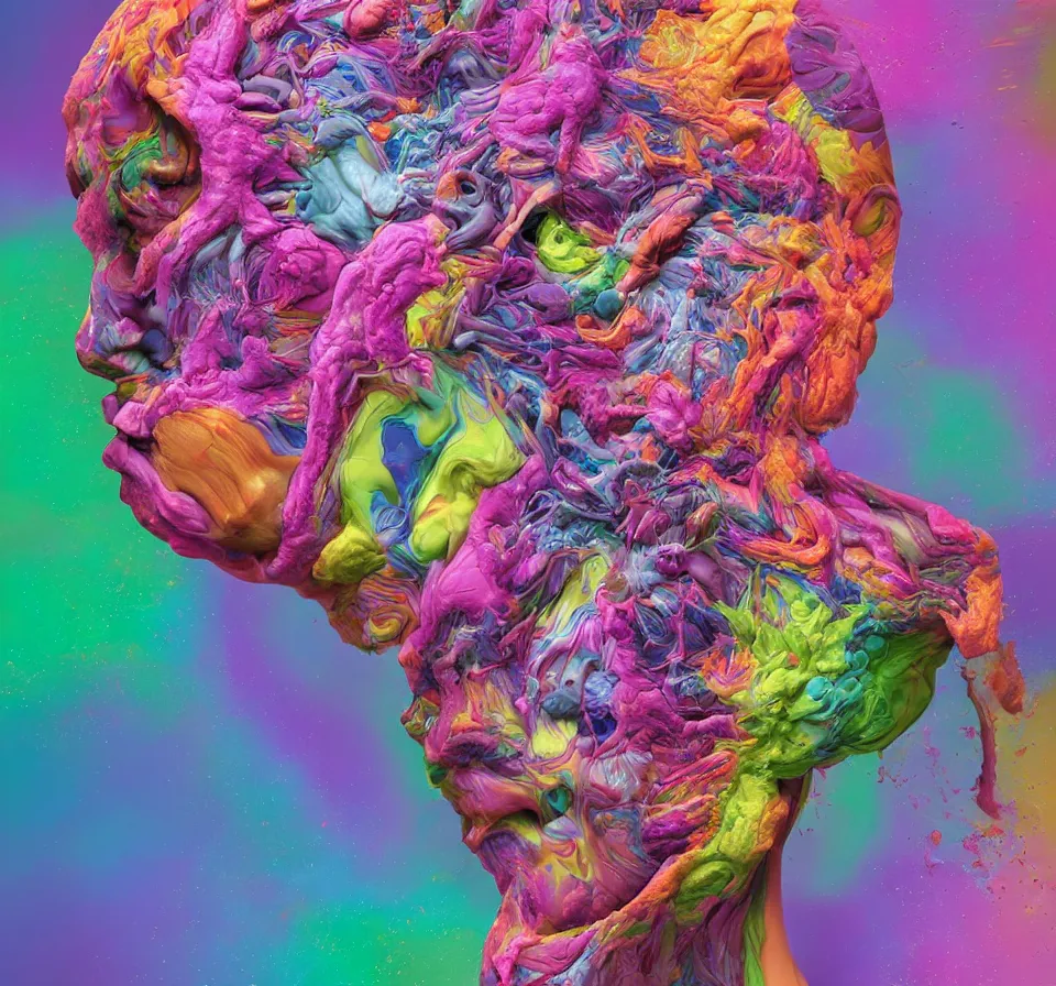 Prompt: insides of a human head explode outward as a huge mass of coloured powder, motion blur, hyperrealistic, medical photography, anatomically correct, realistic textures, 8 k, art by lee griggs,