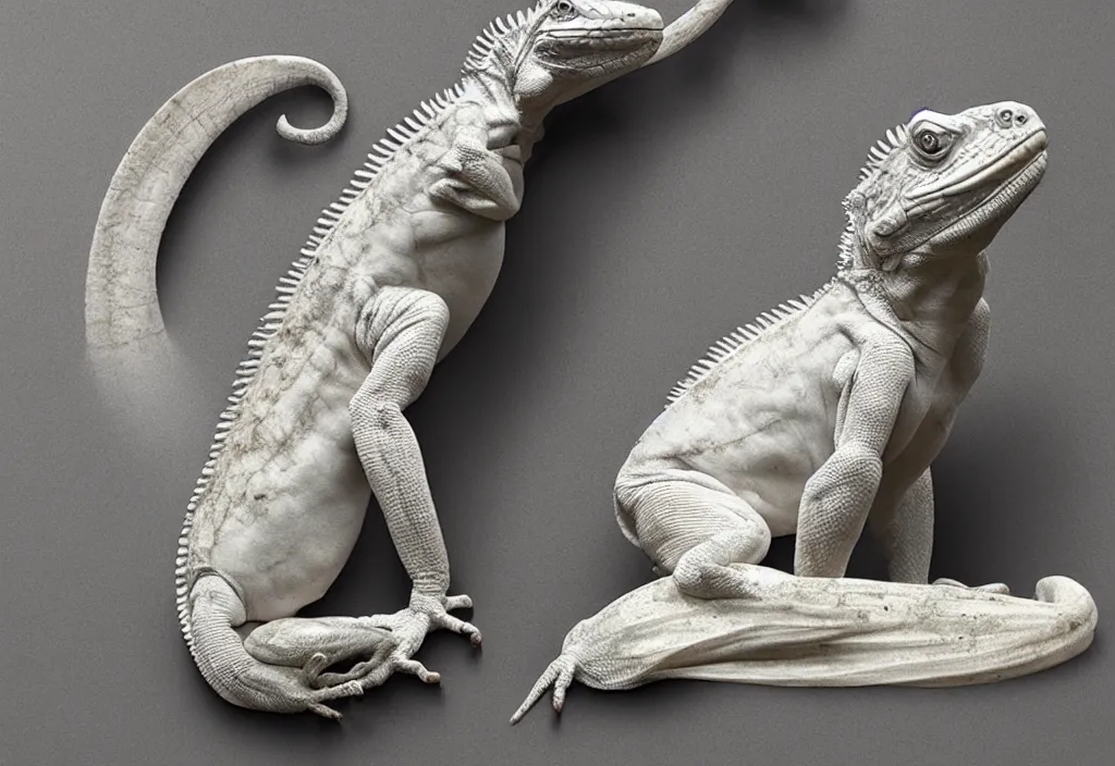 Image similar to photograph of a sculpture on marble white of a iguana , made from Gian Lorenzo Bernini, artstation, hyper realistic, drammatic light