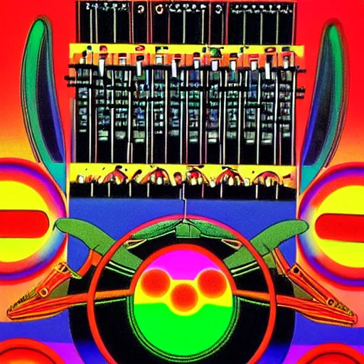 Image similar to Synthesiser designed by Paul laffoley, high detail photorealistic psychedelic