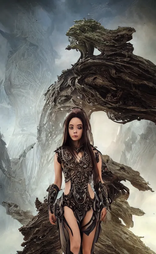 Image similar to a professional portrait of a beautiful young female, clothed in ethereal battle armor, olive skin, long dark hair, beautiful bone structure, symmetrical facial features, deep forest psytrance Neo-Gothic concept, infinity glyph waves, intricate artwork masterpiece, very coherent artwork, cinematic, from Valerian and the City of a Thousand Planets, in the style of Ruan Jia and Mandy Jurgens and Artgerm and Greg Rutkowski and William-Adolphe Bouguerea, very coherent artwork, trending on cgsociety, ultra high quality model, production quality cinema model, high detail chromatic ink outline, octane render, unreal engine 8k, hyper realism, high detail, octane render, unreal engine, 8k, High contrast