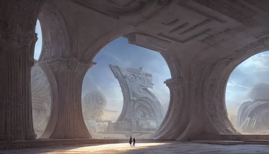 Image similar to the inside of a monument with greek motifs, by tim blandin and arthur haas and bruce pennington and john schoenherr, big windows architecture by zaha hadid, octane render, cinematic, scenery, cgsociety, modernism, futuristic, trending on artstation, sci - fi, high detail, high quality, close up angle, people walking