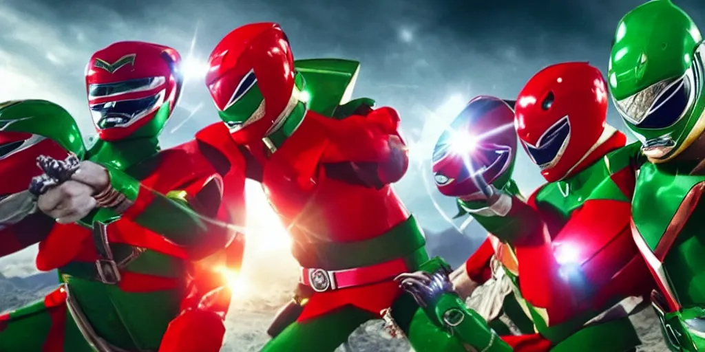 Image similar to realistic scene of red and green power rangers in war, ultra realistic, 8 k