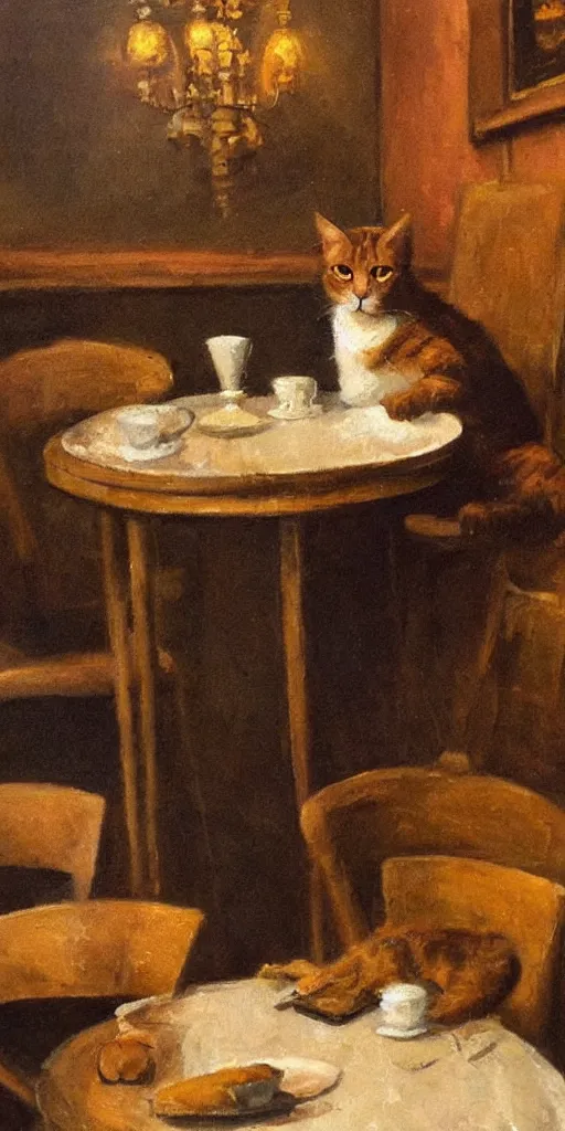 Image similar to brown cat with yellow eyes is sitting at table in a cafe at paris in early 2 0 th century. atmospheric feeling, warm colours, brown colours, yellow colours, epic scene, cinematic, very detailed, oil painting