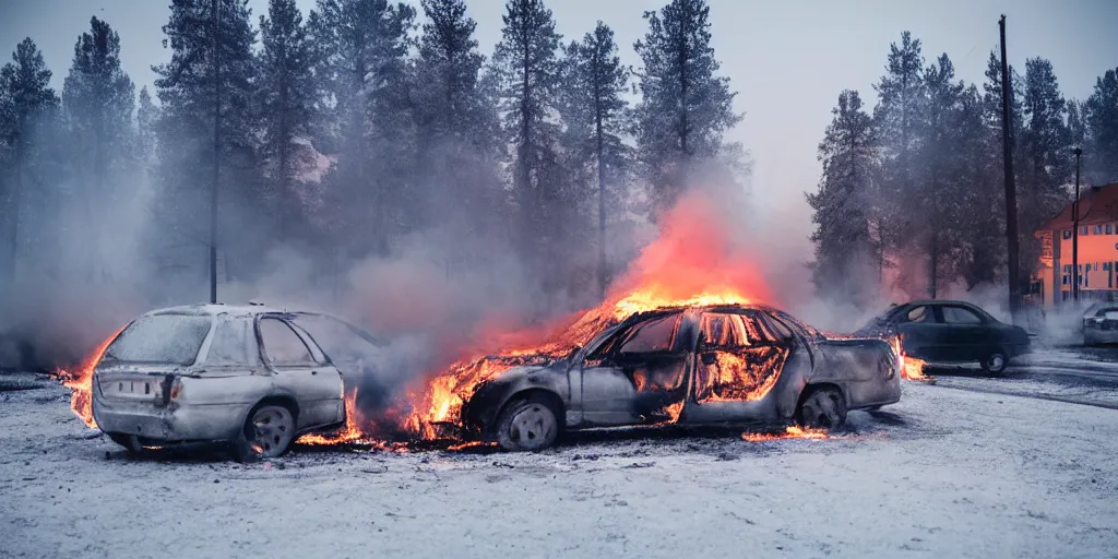 Image similar to depressing finnish rural town during winter, a burning car and people standing, movie still, david lynch film, low - key light, wide shot