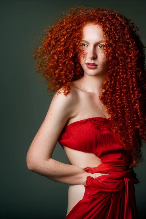 Prompt: a photo portrait of a beautiful red girl with curls and lots of freckles, Low-key lighting, dramatic, single light source, art photography in style of Annie Leibovitz, pastels color , sigma art 85 mm f 1.4, dark background , high quality, 8k.