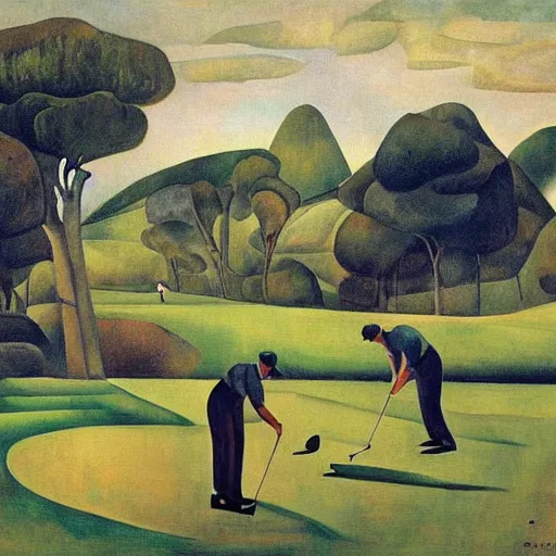 Image similar to Three golfers on a beautiful golf course, by Diego Rivera