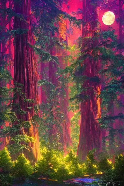 Image similar to redwood trees during nighttime, under the full moon. radiating colorful energy. photorealistic, magical atmosphere,, holographic undertones, intricate and detailed, highly saturated colors, by kan liu, breath of the wild, studio ghibli. trending on artstation. award winning, daily deivation