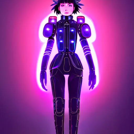 Image similar to a beautiful! bjork model, wearing futuristic cyber leather dress with incredibly intricate glowing purple led lights, jrpg aztec street fashion, gapmoe yandere grimdark, trending on pixiv fanbox, painted by greg rutkowski makoto shinkai takashi takeuchi studio ghibli, akihiko yoshida