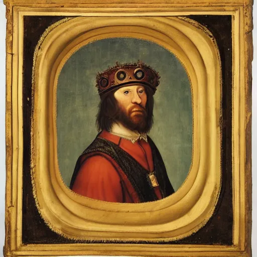 Image similar to a renaissance style portrait of Camelus dromedarius wearing a crown and a cape, dark background