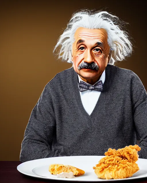 Image similar to a portrait of albert einstein sitting at the dining table with a plate containing kfc chicken in front of him, highly detailed, trending on artstation, bokeh, 9 0 mm, f / 1. 4