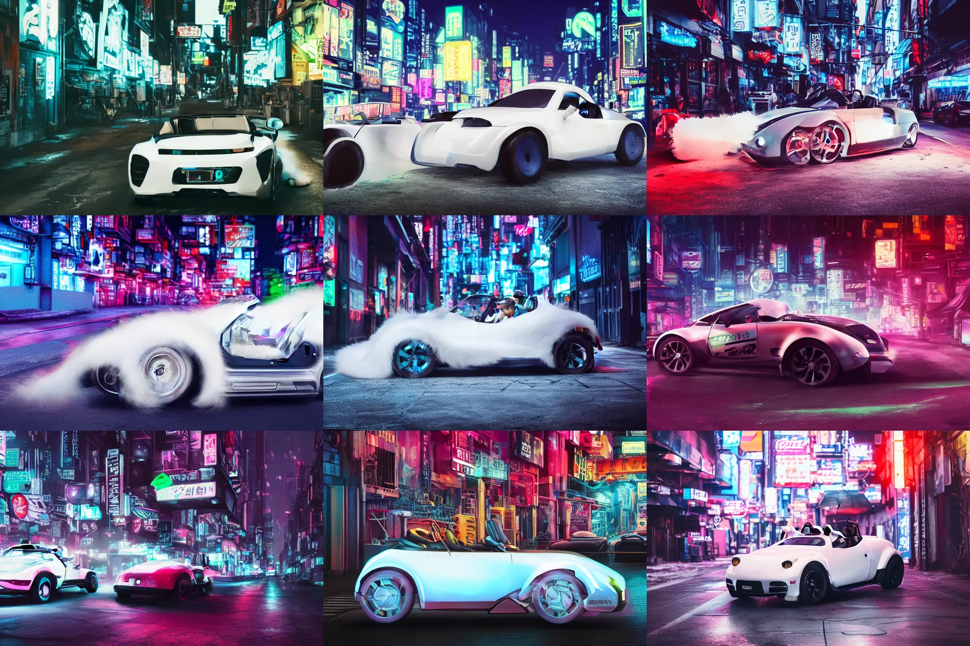 Prompt: a extremely cool roadster covered with white fur in the street, panda driver, Cyberpunk, neon light, 4k, hd, highly detailed