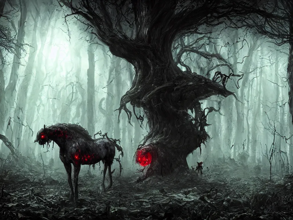 Image similar to Evil zombie horse with red eyes, in a dark toxic mushroom forest. 4K. Concept art. Unreal engine. Highly detailed. Style of Lovecraft.