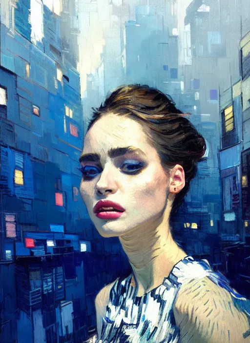 Image similar to portrait of beautiful girl, ecstatic, dancing, eyes closed, shades of blue and grey, new york backdrop, beautiful face, rule of thirds, intricate outfit, spotlight, by greg rutkowski, by jeremy mann, by francoise nielly, by van gogh, digital painting