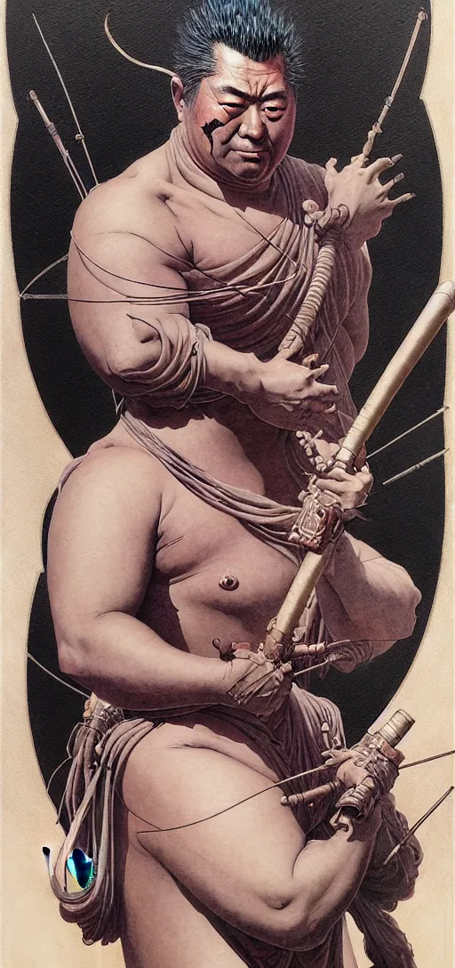 Image similar to portrait of zatoichi in the style of wayne barlowe, gustav moreau, peter mohrbacher, bussiere, roberto ferri, santiago caruso, luis ricardo falero, austin osman spare, boris vallejo, hajime sorayama