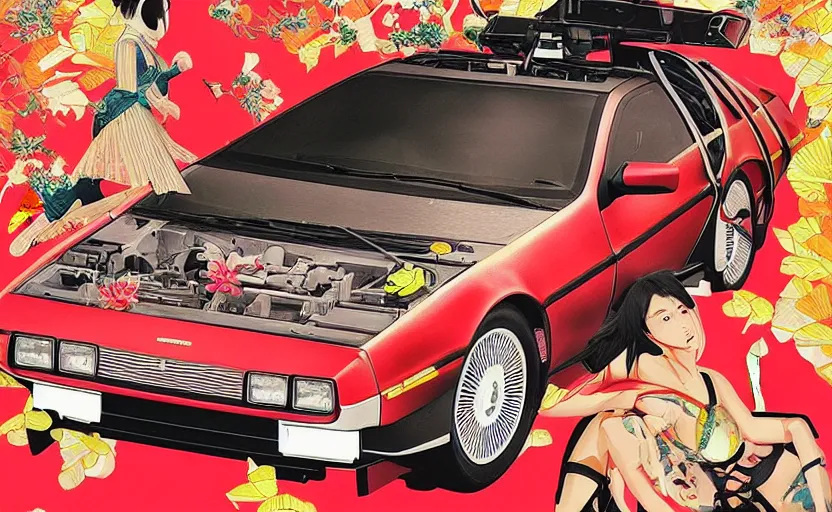 Image similar to a red delorean with a yellow tiger, art by hsiao - ron cheng and utagawa kunisada in a magazine collage, # de 9 5 f 0