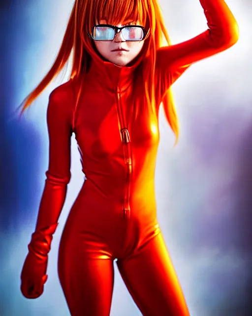 Image similar to asuka langley soryu wearing plugsuit, award winning photograph, radiant flares, realism, lens flare, intricate, various refining methods, micro macro autofocus, evil realm magic painting vibes, hyperrealistic painting by michael komarck - hollywood cosplay