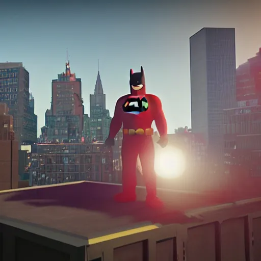 Image similar to Batman on a rooftop in NYC, at dawn, fighting off a blood thirsty group of Teletubbies. 4K, ultra HD, Rendered in Unreal Engine 5.