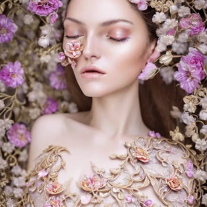 Prompt: photo portrait of a beautiful woman dressed in long elegant intricate ornamental ethereal floral dress, natural skin tone, highly detailed realistic flowers ornament in the upper side of breast, bust with a long beautiful neck , long blond hair are intricate with highly detailed realistic flowers, elegant, Realistic, Refined, Highly Detailed, natural outdoor soft pastel lighting colors scheme, outdoor fine art photography by la Chapelle, volumetric lighting, hyper realistic photography