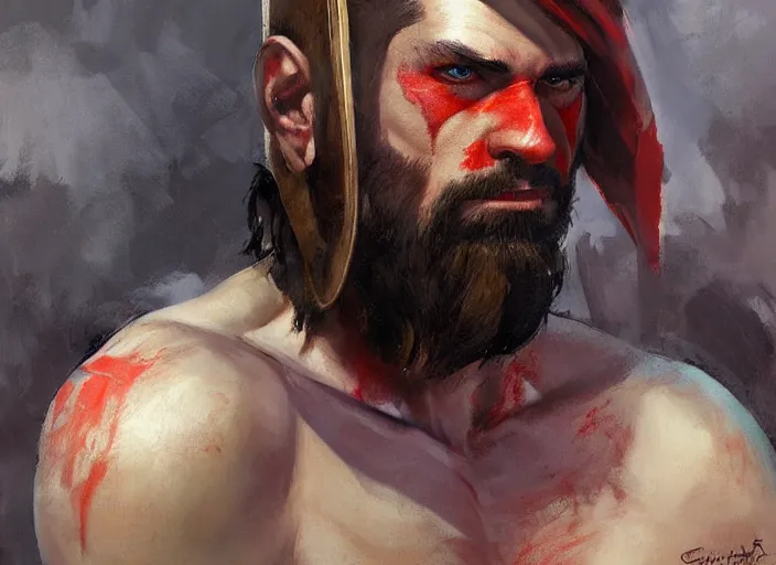 Image similar to a highly detailed beautiful portrait of gabriel boric as kratos, by gregory manchess, james gurney, james jean