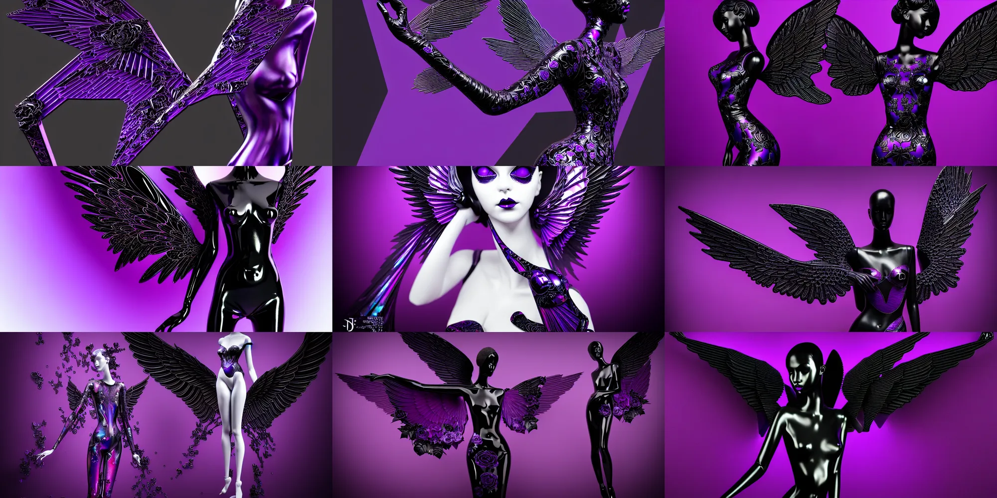 Prompt: a beautiful purple and black 3 d geometrically printed! mannequin with angel wings!! in the style of james jean, chrome roses!! dripping black iridescent liquid, confident, moody, dramatic, introspective, 4 k, trending on artstation, photorealistic, volumetric lighting, octane render, tarot card with ornate border frame h - 1 0 2 4