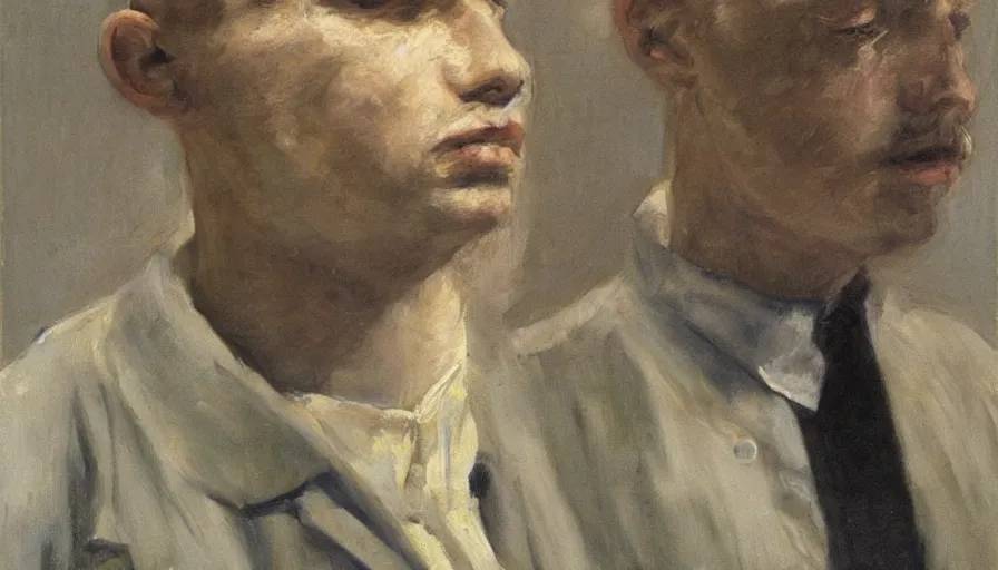 Image similar to painting by borremans, a man looks like mirroring himself, detailed, stunning