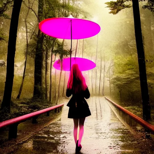 Image similar to photo of kitsune, very detailed, neon, pink, japan, forest, rain, umbrella, ultra, fashion