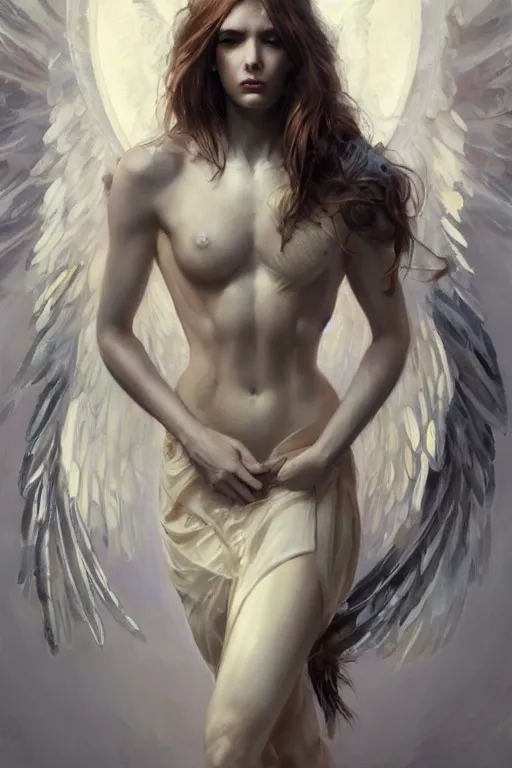 Image similar to >> dynamic professional painting of a beautiful godness archangel action pose , avant garde style olive skin, long hair, symmetrical facial features, intricate, elegant, digital painting, concept art, smooth, sharp focus, illustration, by Ruan Jia and Mandy Jurgens and Artgerm and William-Adolphe Bouguerea