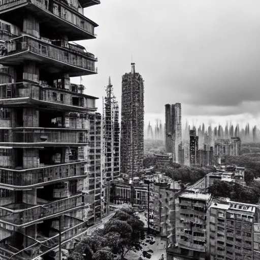 Image similar to Beautiful picture of an intricate very detailed cozy city on a cloudy day with tall brutalist buildings with small windows, a wonderful place to live, high-quality photograph