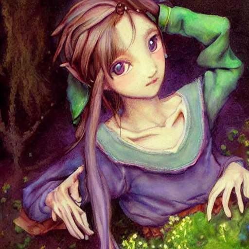 Image similar to little elf tomboy, purple tunic, soft hair. light color palate, detailed soft painting, ayami kojima, made in abyss, anatomically correct, inspired in balthus