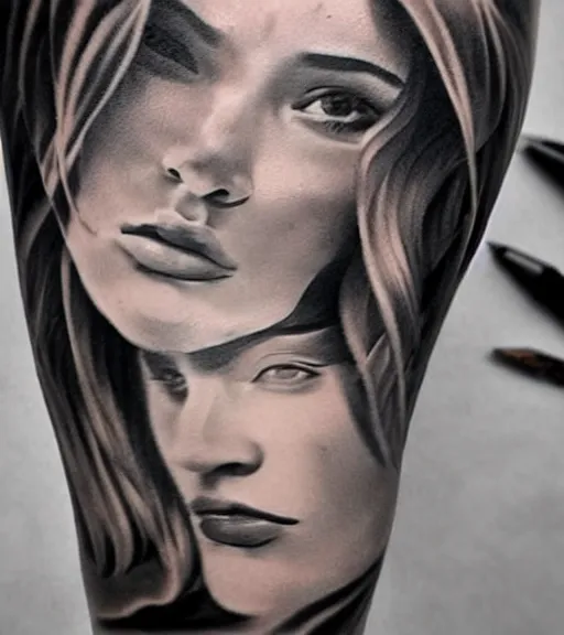 Image similar to tattoo design sketch of a beautiful girl portrait faded in a mountain background, in the style of den yakovlev, black and white, realism tattoo, hyper realistic, highly detailed